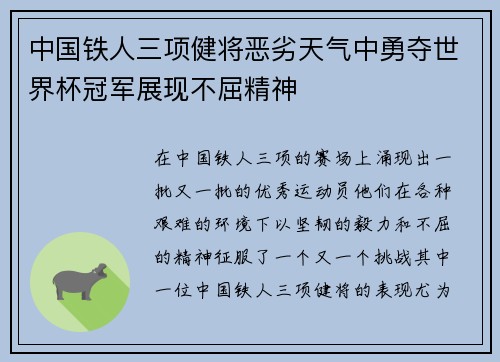 中国铁人三项健将恶劣天气中勇夺世界杯冠军展现不屈精神